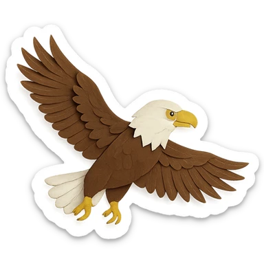 bald eagle soaring, paper craft style, layered paper details, sharp yellow eyes, white head, brown plumage, wings outstretched sticker