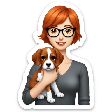 red-haired girl with bangs and short hair and black glasses presenting a Blenheim Cavalier puppy sticker