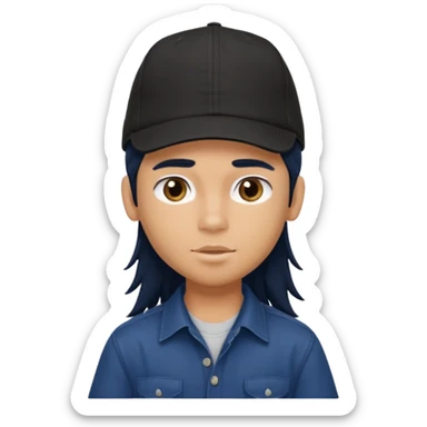 generate a pretty bratz boy wearing a dark blue button up shirt, long black mullet hair. 

Dark blue cap on head sticker