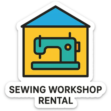 A flat design icon for 'Sewing Workshop Rental' illustrating a sewing machine inside a building, maintaining a clean and modern look. sticker