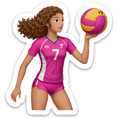 une joueuse de volley de profil debout (on voit ses jambes) qui joue (blanche brune avec des cheveux longs boucles) (avec une tenue ROSE avec le numéro 7) et une balle avec 2 couleurs orange et BLANC sticker