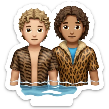 two young men, one with wavy hair and animal skin clothes (John), the other with short hair (Jesus), meeting in water, both clothed sticker