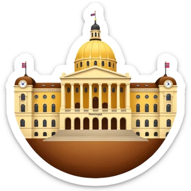 Norwegian Parliament building Stortinget, simplified, yellow and brown colors, iconic round shape, emoji style sticker
