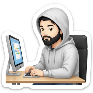 male coder with black hair, beard, and white skin, wearing a hoodie, sitting in front of a computer, focused on coding sticker