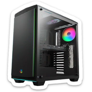 Black gaming PC RGB mid-tower case with glass side panel sticker