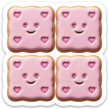 three pink Reims biscuits, rectangular with rounded edges, soft pink color, powdered sugar dusting, crisp textured surface with subtle cracks, arranged overlapping, soft lighting, subtle shadows, no plate or packaging, no faces, transparent background, emoji scale sticker