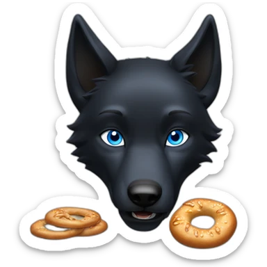 a full black wolf with blue eyes eating a bretzel sticker