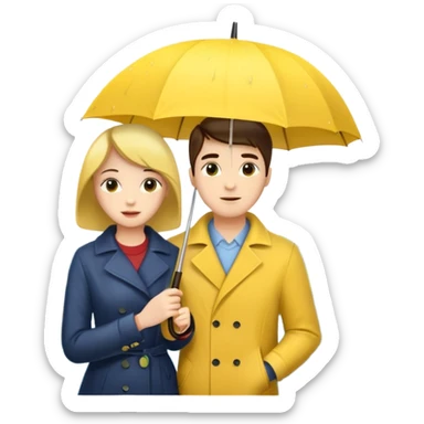 Couple under yellow umbrella, City Rain Scene. sticker