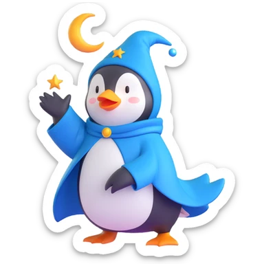 cartoon penguin wizard with a blue cloak, crescent moon hat, and swirling magical energy sticker