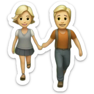 Couple walking in a village garden behind a small hut sticker