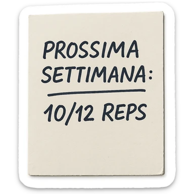 top view hyperrealistic paper sheet with handwritten pen text 'PROSSIMA SETTIMANA: 10/12 REPS', no background, handwritten style sticker
