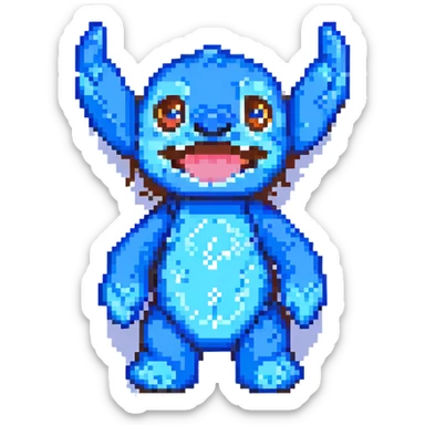 Stitch from Lilo & Stitch, pixel art style, waving, smiling, bright blue color sticker