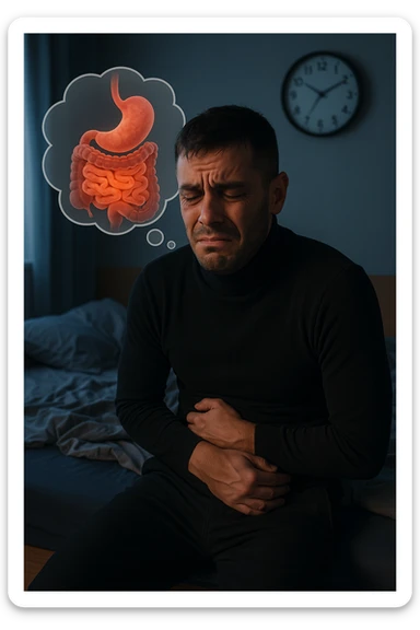 a tired-looking man sits on the edge of his bed at dawn, holding his stomach with a pained expression. Dark circles under his eyes and a messy bed indicate poor sleep. In the background, a clock shows early morning hours, and a thought bubble or overlay highlights digestive organs, emphasizing intestinal discomfort linked to sleep deprivation. sticker