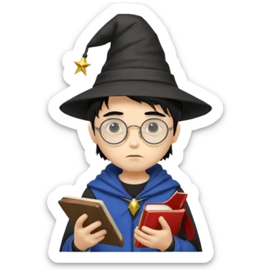 ["A sad boy with light skin, straight hair, wearing a wizard hat and round glasses, dressed in punk fashion, is reading a book while holding a phone."] sticker