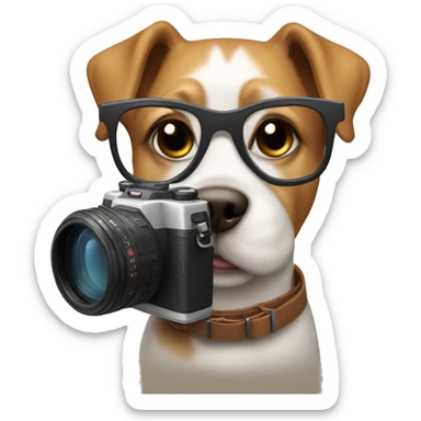 Dog with glasses and a camera sticker