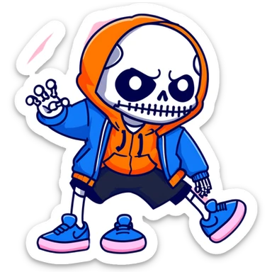 short skeleton with blue jacket, black basketball shorts, light pink slippers, blue glowing left eye sticker