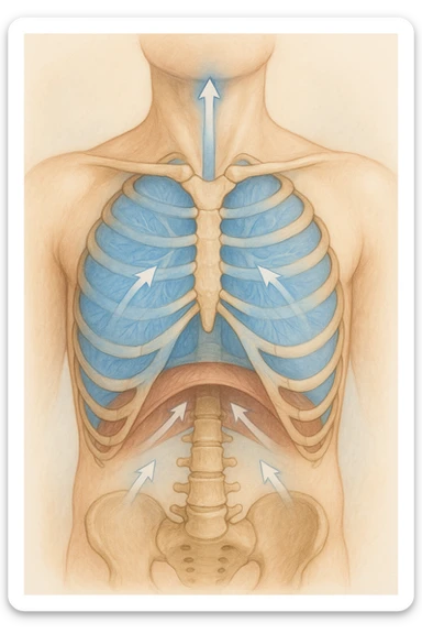 A realistic, high-quality anatomical illustration showing a human torso with visible rib cage and diaphragm. The ribs are shown in a decompressed, expanded state, allowing full lung expansion, while the diaphragm is depicted as relaxed and lowered, indicating deep, efficient breathing. Soft blue and warm tones highlight airflow and lung capacity, with light arrows illustrating the air movement during diaphragmatic breathing. The image conveys a sense of calm, openness, and optimal breathing mechanics, useful for physiotherapy, breathing education, and osteopathic learning contexts sticker