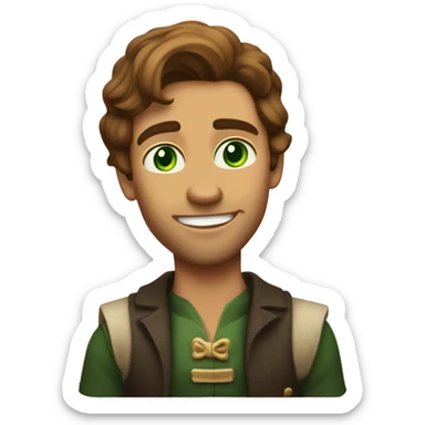 A light-skinned man with piercing green eyes, impeccably styled brown hair, and a confident demeanor is seated in front of the long white paper scroll. sticker