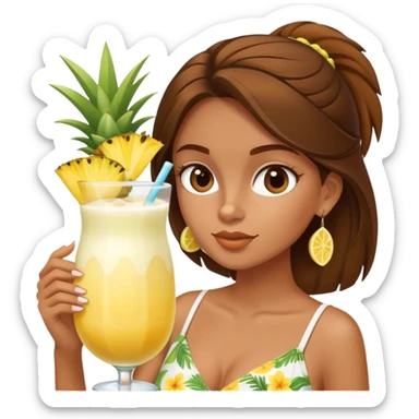 Very tan skinned girl with brown hair wearing a summer outfit sipping a piña colada sticker