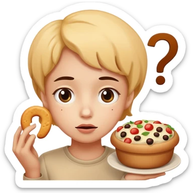 Draw an emoji where a person thinks with a question mark in front of food (draw it in a cuter way) sticker