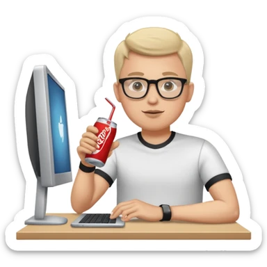 Hombre blanco con gafas tomando un refresco frente a un ordenador con ropa de deorte sticker