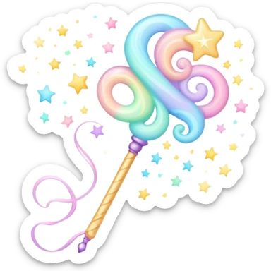 Cinematic cute magical wand, pastel swirls of color, tiny twinkling stars floating around, glowing softly, chubby rounded edges, whimsical and dreamy. sticker