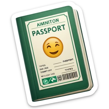 white passport with inserted airline tickets, dark green stamps and stripes, no emojis, emoji style sticker
