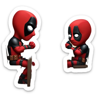 Cute Deadpool sitting at a desk, front view sticker