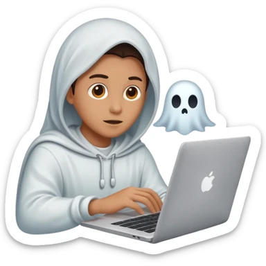 Create an emoji where an ungender person sits in front of the desk, designing ghost characters on laptop. Please refer to the attached image for ghost characters. sticker