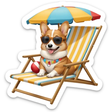 a corgi dog laied on a beach chair, a sunny beach, a sun umbrella, and beach coconut trees. the icon should capture the essence of a relaxing beach vacation with a carefree atmosphere sticker