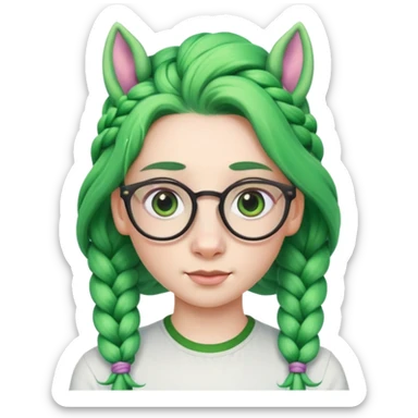 braided unicorn wiith big visible braids looking into the camera spectacled green hair sticker