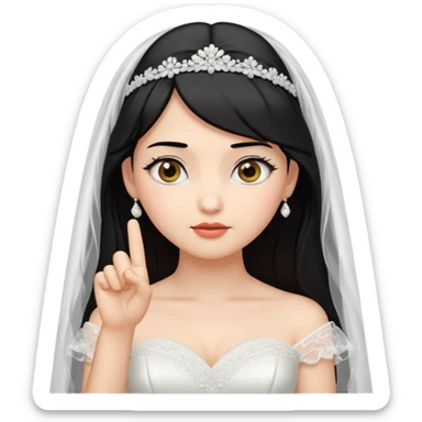 Black-haired bride in a white wedding dress and veil, curious expression, pointing to her head with her index finger, cute emoji style. sticker