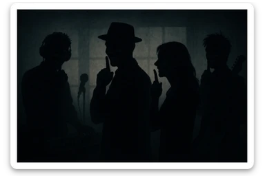 Siluetas y figuras de personas que trabajan en la industria musical, en las sombras, vistas desde lejos, con sonrisas burlonas y aire de superioridad, haciendo una señal con el dedo para pedir que otros hagan silencio o de estar guardando un secreto sticker