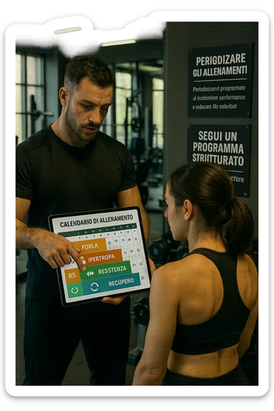 realistic cinematic photo a personal trainer and a client stand in a modern gym, reviewing a large, color-coded training calendar or chart on a tablet. The calendar shows different phases (Forza, Ipertrofia, Resistenza, Recupero) with icons and dates. Around them, gym equipment and motivational posters reinforce the idea of structured, periodized training. in italiano sticker
