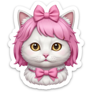 White cat wearing pink wig and bow sticker