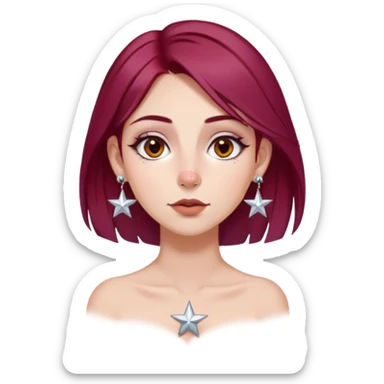 emoji of girl with maroon  hair in a middle part with dangly star earrings straight nose hazel eyes medium perfect eye brows with  a nose ring silver on the right nostril  sticker