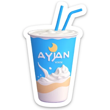 A small carton of Turkish yogurt drink (ayran) with a straw, white and blue packaging sticker