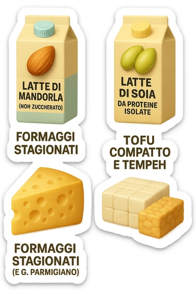emoji stile iphone 3d di Latte e yogurt delattosati in italiano
Latte di mandorla (non zuccherato)
Latte di soia da proteine isolate
Formaggi stagionati (es. parmigiano)
Tofu compatto e tempeh
 che fluttuano in aria, iperealistico 4k sticker