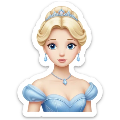 Cinematic Realistic Cinderella Portrait, depicted with lifelike porcelain skin, elegantly styled blonde hair, and a serene, graceful expression. Dressed in her classic ball gown with intricately detailed fabric textures and delicate pastel hues that catch soft, natural lighting, this portrait captures the timeless beauty of a fairy tale princess. sticker