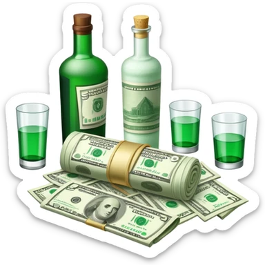 Cocaine residue and rolled up dollar bills and empty liquor bottles sticker