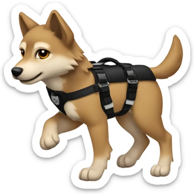 4 short legs a light brown puppy-like wolf with black hair on its ears with black harness is walking sticker