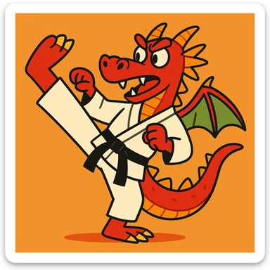 a dragon practicing karate, vibrant cartoon style sticker