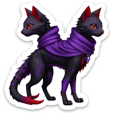 Kawaii feral, four-legged gothic dark badass black, red, purple, beautiful pretty elegant divine edgy feline-vernid-sergal-Trico-fursona-animal-creature, full body, with intricate detailed markings, silken shawl sticker