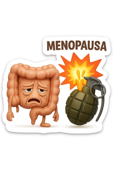 EMOJI STILE IPHONE DI INTESTINO ANZIANO CON RUGHE SFINITO, ACCANTO A LUI SCOPPIA UNA GRANATA 3D CON LA SCRITTA "MENOPAUSA" SOPRA sticker