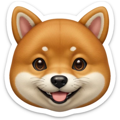 Head of a Shiba Inu dog in Apple emoji style, orange-brown fur with white muzzle and cheeks, round face, big black eyes, perky ears, grinning with closed mouth, no tongue, front-facing, glossy texture, soft shadows
 sticker
