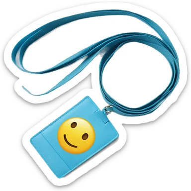 a light blue lanyard with card holder and a smiley face sticker