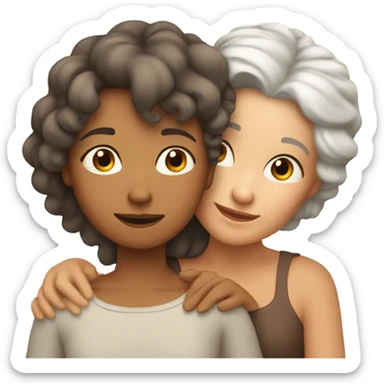 Short Mum with white hair and tanned daughter with brown curly hair hugging sticker
