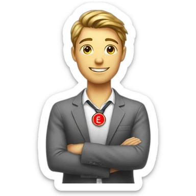 An employee of the real estate agency "Floors" with a red badge around his neck with the inscription etagi sticker