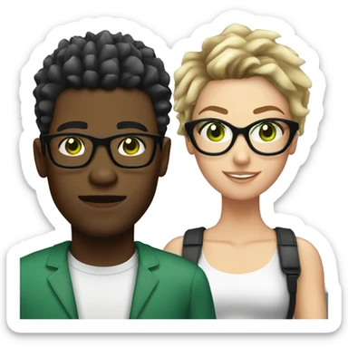 black male with spikey hair and glasses and white female with brown wavy hair , green eyes and glasses sticker