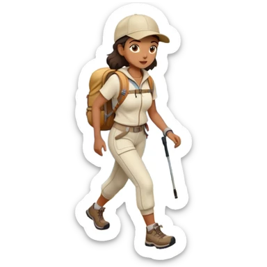 Full body woman hiking on mountain trail cream clothes baseball cap sticker